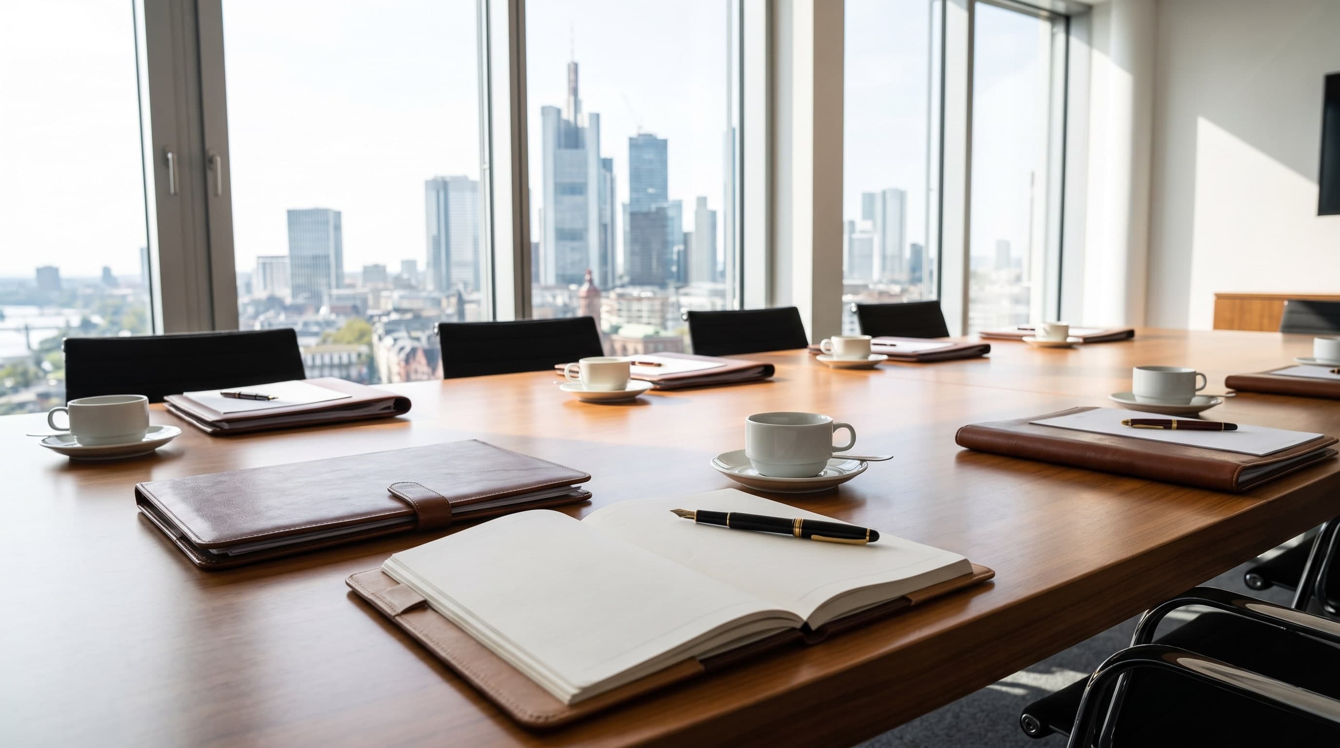 Besprechungstisch mit Notizbüchern und Kaffeetassen, durch die Fenster der Blick auf die Frankfurter Skyline
